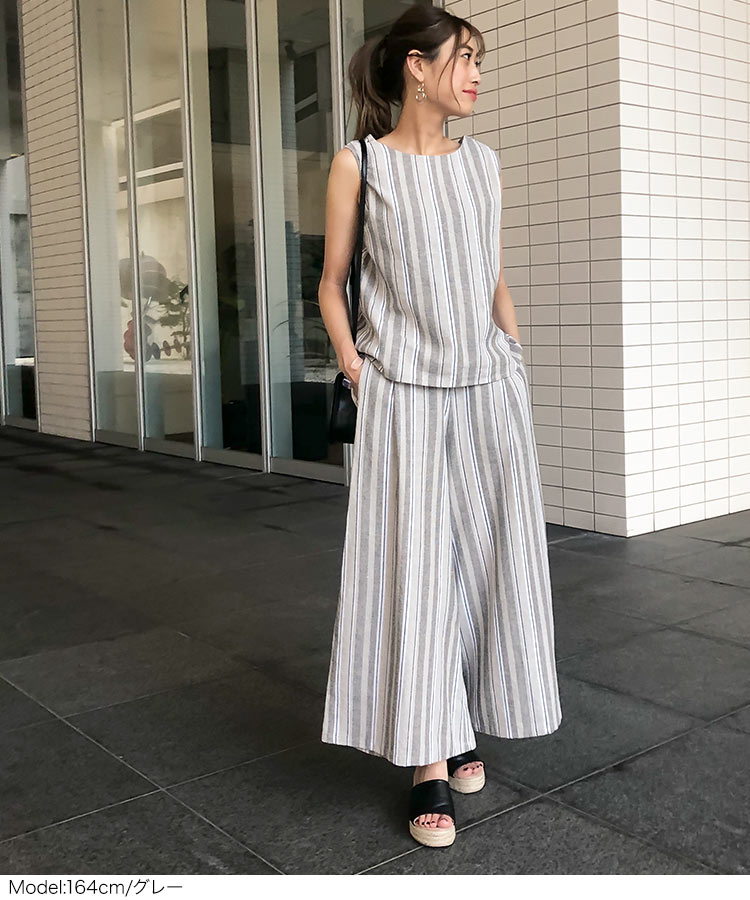 楽天市場 ストライプ柄セットアップ E2165 入荷済 レディース セット バックウエストゴム ワイドパンツ ノースリーブ ゆったり オールインワン セットアップ パンツ 夏 カジュアル リネン ストライプ おしゃれ 麻 クルーネック Vネック 神戸レタス Kobe Lettuce