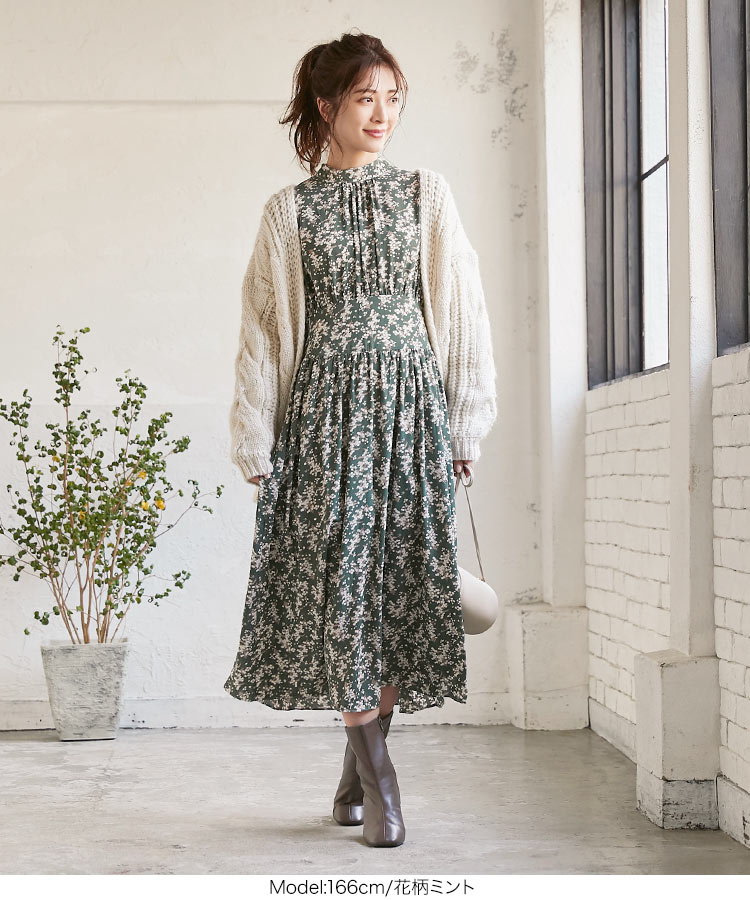 楽天市場 残り僅かセール ハイネックマキシワンピース E2323 入荷済 レディース ロング ギャザー リボン ファスナー フラワー レオパード アニマル 花柄 長袖 ワンピース 秋冬 冬 春 大人 冬 きれいめ 大人可愛い ロングワンピース ロング ハイネック 神戸レタス