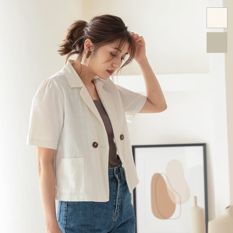 リネン素材ショート丈ジャケット [K1055] レディース アウター 半袖 夏 麻 軽アウター ショート丈 カジュアル 白 ベージュ 可愛い 春  ボタン付き 着回し ポケット付き 合わせやすい 大人カジュアル ホワイト ベーシックカラー｜神戸レタス （KOBE LETTUCE）