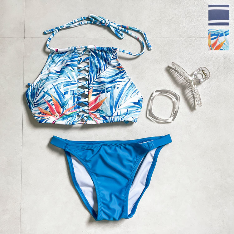 楽天市場 水着 レディース ビキニ ホルターネック トレンド セクシーの最強mix ホルターネック フロントレースアップ ハイネックデザインビキニ 水着 S135 入荷済 神戸レタス Kobe Lettuce