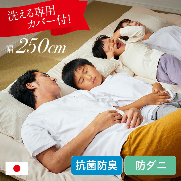 【ポイント10倍!20時～17日1:59】敷布団 ファミリー 4人用 250x200cm グランドキングサイズ 日本製 洗える敷き布団カバー付き ワイド敷布団 大きい ファミリー布団 家族布団 子供 大人 防ダニ 抗菌 防臭 清潔 快適 快眠 ふとん 無地 寝返り楽々 おすすめ 寝具