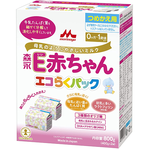 森永 E赤ちゃん エコらくパック つめかえ用 800g 400g 2袋 0ヶ月 1歳 最大 オフ 入れかえタイプ 凹みあり ラクトフェリン 外装箱傷 賞味期限23 08 3種類のオリゴ糖 粉ミルク