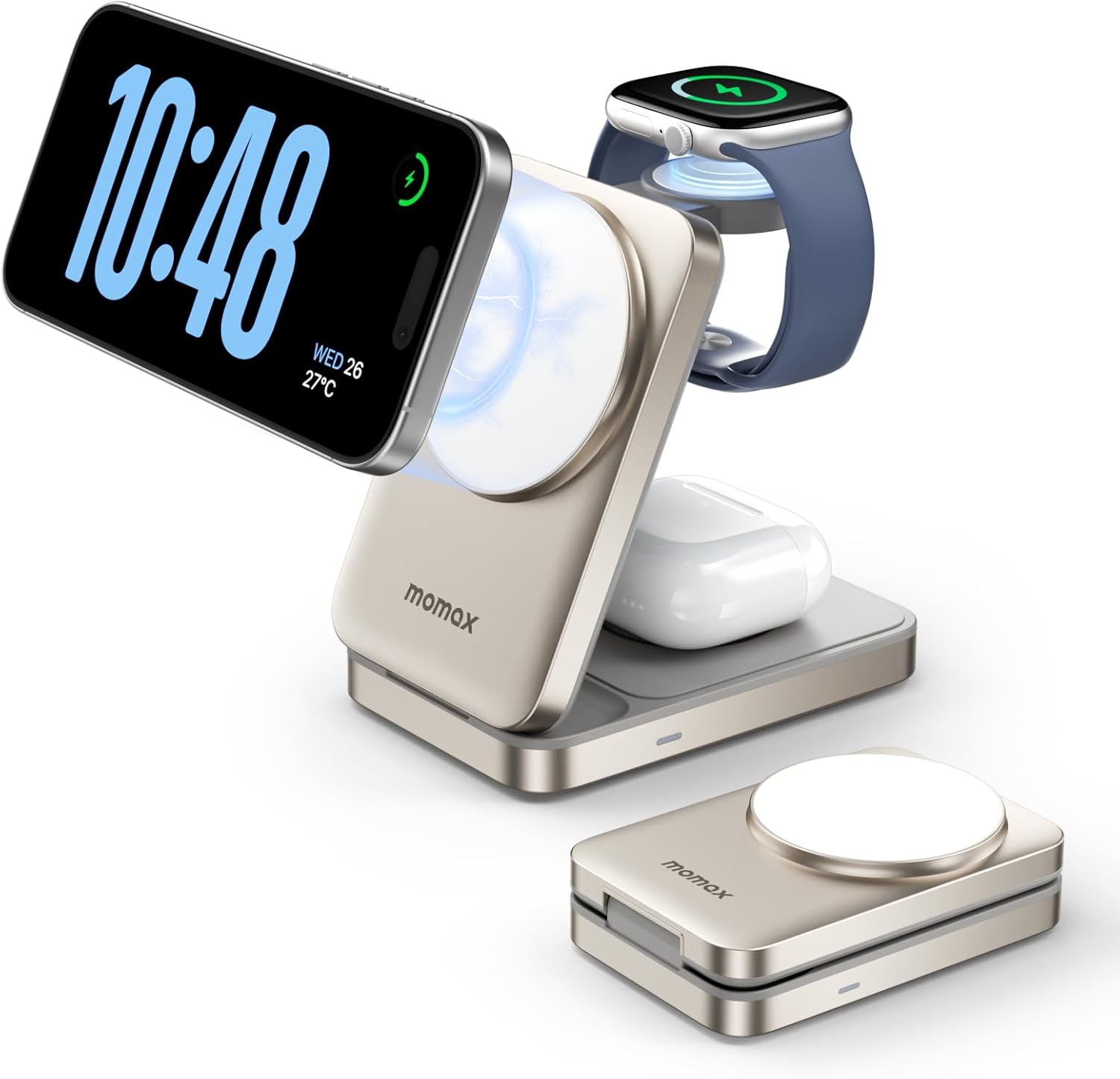 MOMAX Qi2 ワイヤレス充電器 (3-in-1) magSafe公式認証 マグセーフ 15W急速充電 3台同時充電可能 折り畳み式 角度調整可能 合金質感 ワイヤレス充電ステーション iPhone16/15/14/13/12/iWatch/AirPods/ワイヤレスイヤホンに対応 MFI認証済み