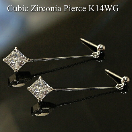 K14WG キュービックジルコニア ピアス 1石 スクエアカット スタッドピアス ゆらゆらピアス ぶら下がりピアス【送料無料】※pema 24時間限定