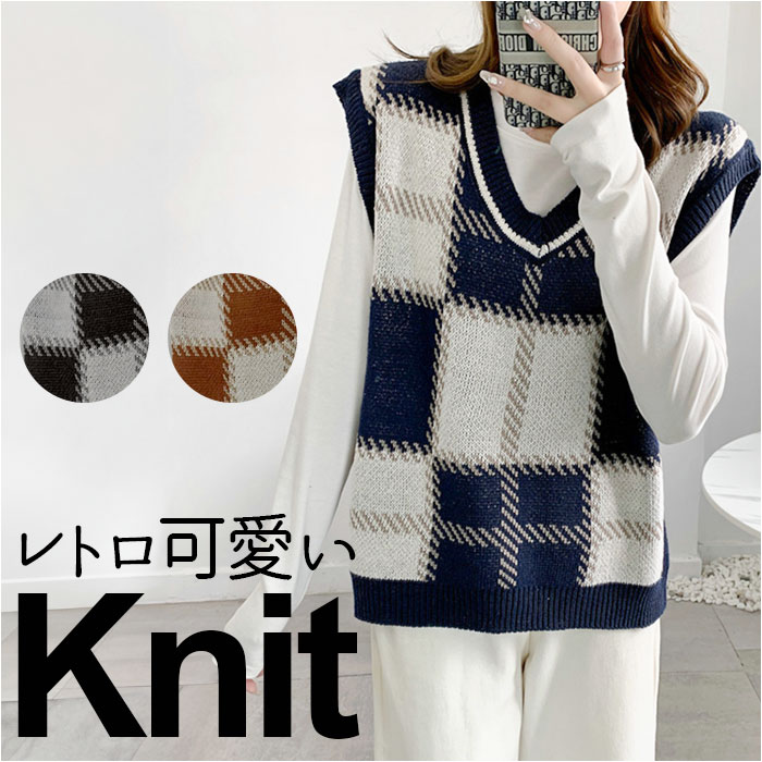 楽天市場】ニットベスト Vネック レディース チェック柄 通販