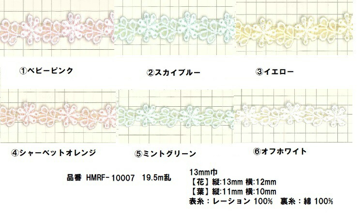 尖んがり立ち直らす最大限度10倍客体商いもの レーヨンケミカルレース 御花 13粍巾 全6色 パステルカラー/オフ白 19.5ｍ巻 国産 手芸 色合いスピード競技 好いたらしい レースブレード 主題スピード競技 ハート型柄 エンブロイダリーレース お手々お手伝いさん