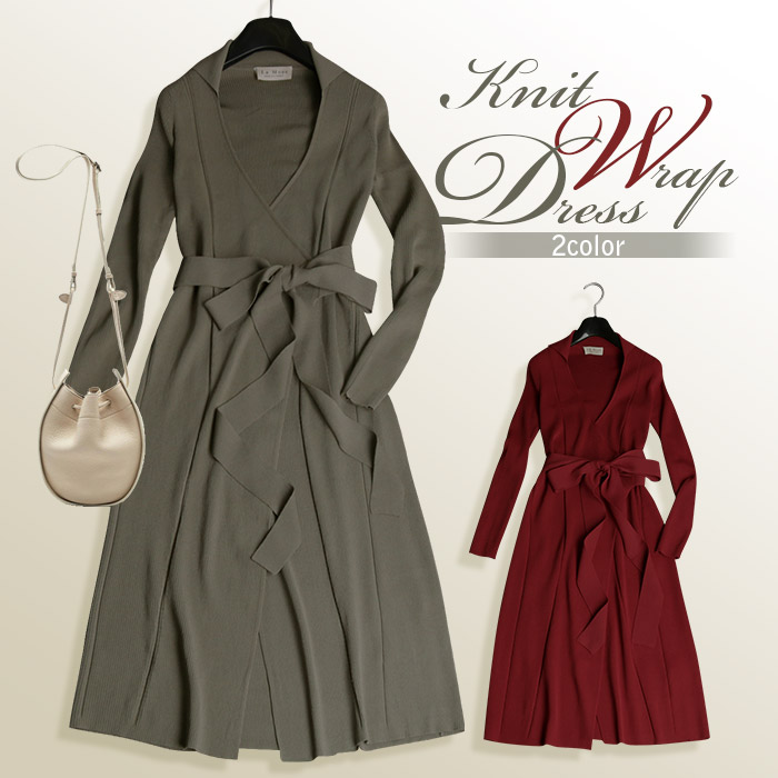 レディースファッション ワンピース ニットワンピ ニット 特別クーポン配布中 ニットワンピース 袖あり 新作 カシュクールデザインとリボンベルトで大人可愛いニットワンピース No 10 0 L 0 結婚式 ドレス 上品 二次会 パーティー お呼ばれ Aライン 秋