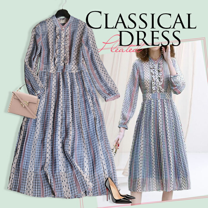 アンティーク調の柄が目を惹く可愛さがあるシフォンワンピース 特別クーポン配布中 パーティードレス ワンピースドレス フレア シンプル フレア Aライン Aライン シンプル フォーマル アンティーク 幾何学模様 フォーマルワンピース 大きいサイズ 新作 アンティーク調