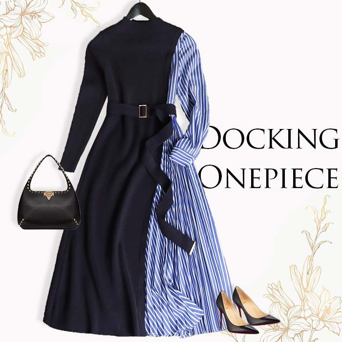 楽ギフ のし宛書 クラシカル 上品 長袖 冬 秋 きれいめ シャツ レディース ワンピース ニットピース ニット ストライプ 大きいサイズ 新作 リブニットとストライプの異素材mixニットワンピース No 10 255 フリーサイズ リブニット プリーツ 柄 10 255