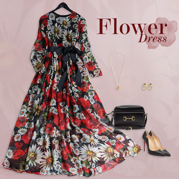 第1位獲得 楽天市場 特別クーポン配布中 ワンピース レディース ロング丈 長袖 きれいめ 上品 フェミニン エレガント フラワー柄 花柄 総柄 フレア 大人 春 夏 梅雨 代 30代 40代 50代 新作 フラワープリントが上品で華やかなワンピース No 12 928