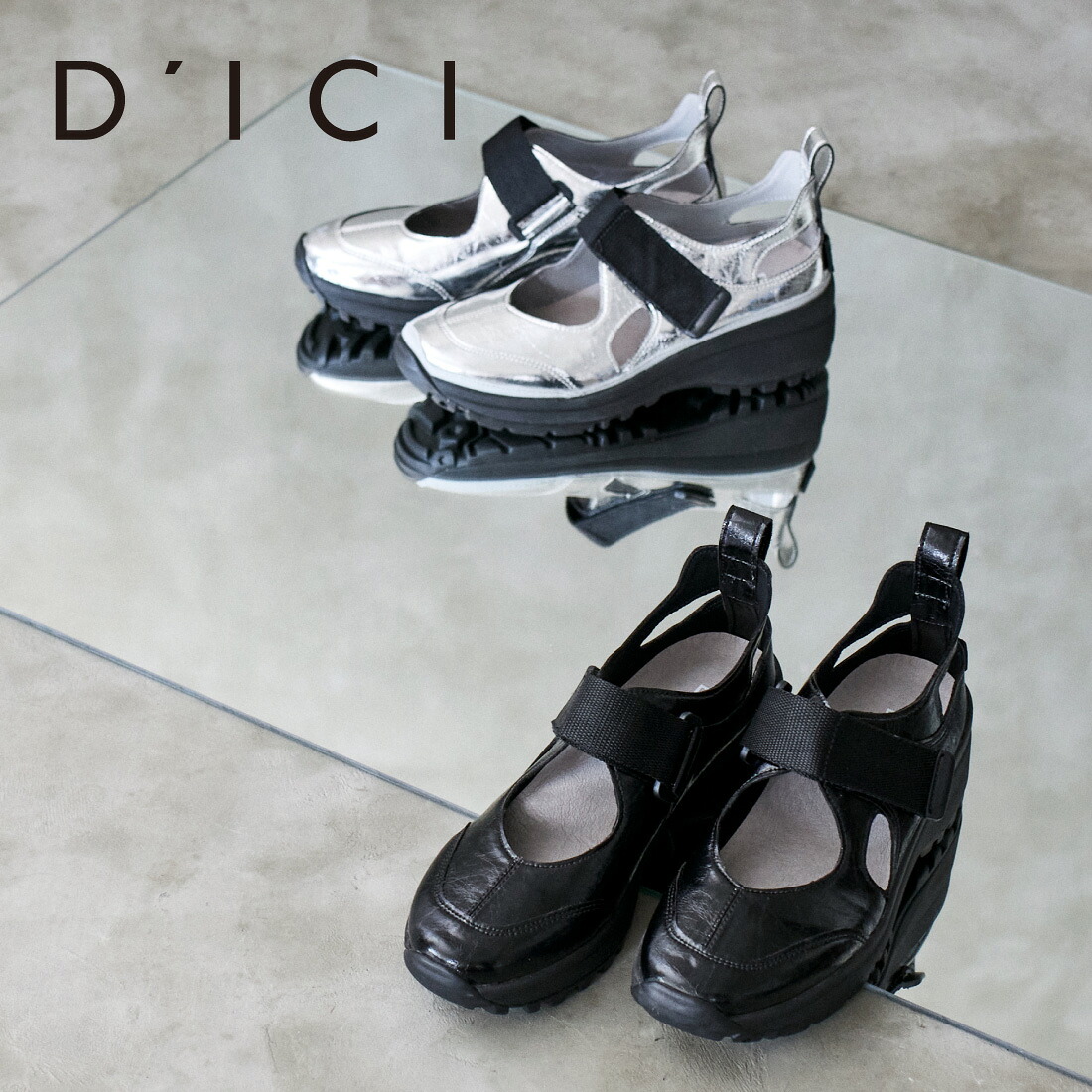 D'ICI ディッシィ メタリックワンストラップスニーカー レディース オールシーズン 合成皮革 ブラックメタリック/シルバー 22.5cm-24.5cm