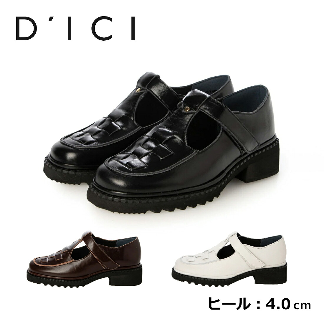 D\u0027ICI ディッシィ メッシュTストラップローファー レディース なめし革 本革 ラウンドトゥ オール季節 厚底置き目毛皮 4.0糎踵 黒いこと/赤銅色/白いこと 22.0糎-25.0糎
