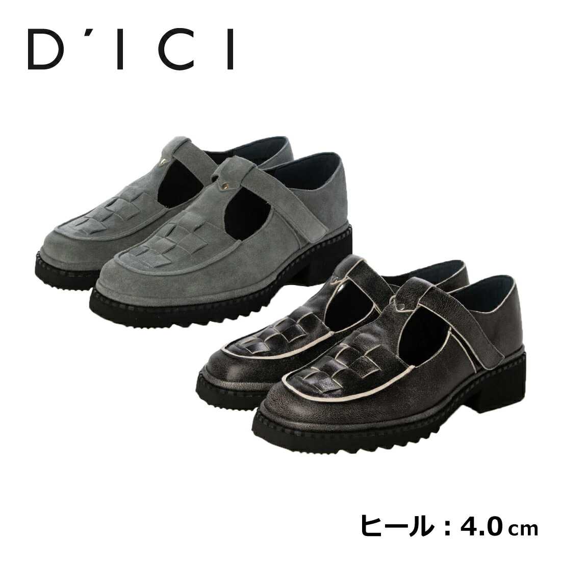 D\u0027ICI ディッシィ 【DEPA_別注真似形】メッシュTストラップローファー レディース なめし革 本革 ラウンドトゥ オール季節 厚底置き目毛皮 4.0糎踵 黒いことB/青碧スエードクロス 22.0糎-25.0糎