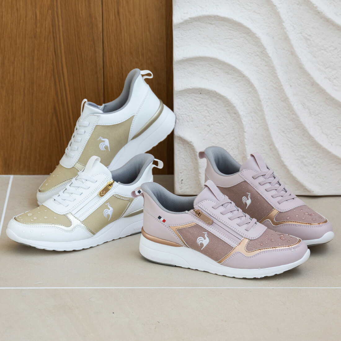 le coq sportif ルコックスポルティフ リフトアップスニーカー（LCS シャルテ 昇降機 SI） レディース オール時期 ゴールド二人組/さくら色二人組 22.5珊-24.5珊