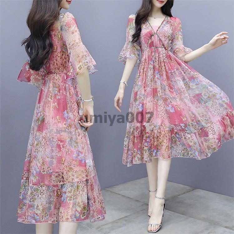 花柄シフォンフレアワンピレトロ 花柄シフォンワンピース＊Z155 | cherie ange