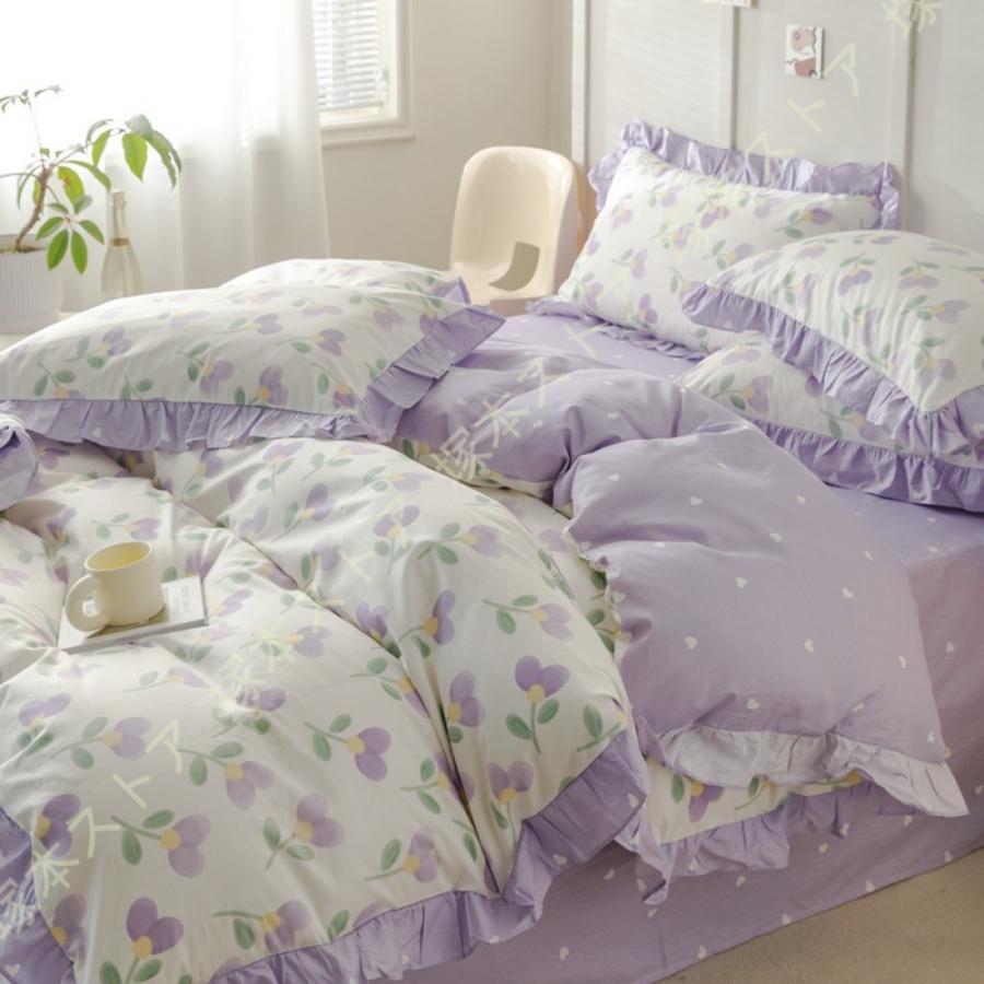 布団カバー 花柄 3/4点セット ダブル シングル 可愛い フリル付き ボックスシーツ フラットシーツ 寝具カバー 布団カバー 掛け布団カバー 枕カバー 通気性