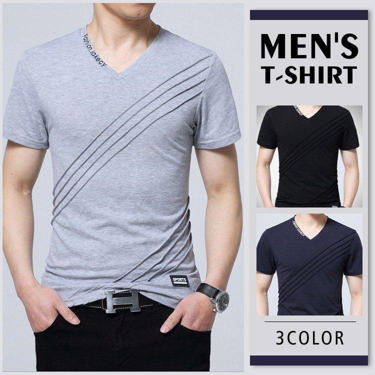 Tシャツ メンズ 半袖 夏　ロンT 無地 Vネック ロングTシャツ シンプル カジュアル　ストレッチ トップス　Ｔシャツ　カジュアルシャツ