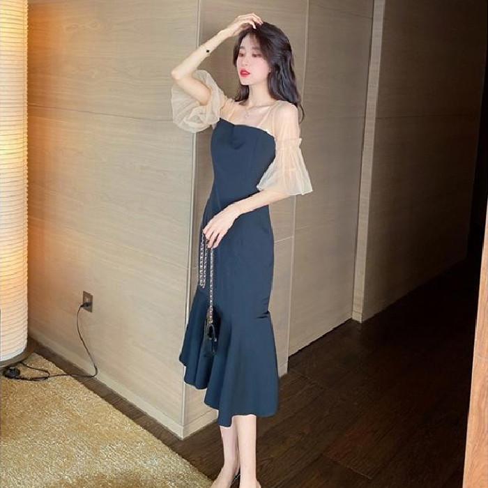 パーティードレス 韓国 結婚式 服装 女性 お呼ばれドレス 二次会 ワンピース フォーマル マーメイドドレス 袖あり シアー袖 半袖 大きいサイズ 黒