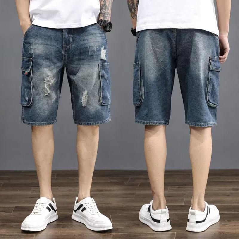 極太 ダメージ サルエル ハーフ カーゴパンツ デニム5分丈 ジーンズ メンズ デニムパンツ ズボン ショートパンツ ワイド アメカジ ボトムス