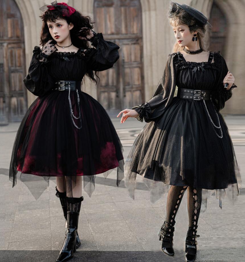ワンピース ロリータ ゴシック&ロリータ服 長袖 ロリータドレス 膝丈 ミモレ丈 暗黒 ワンピース ジャンパースカート チュール ふんわり チェーンベルト Lolita 光沢 フリル ゴスロリ コスプレ衣装 ハロウィン 学園祭 ロリィタ 女性 大人 ワインレッド ブラック 送料無料|モードナチュレ店