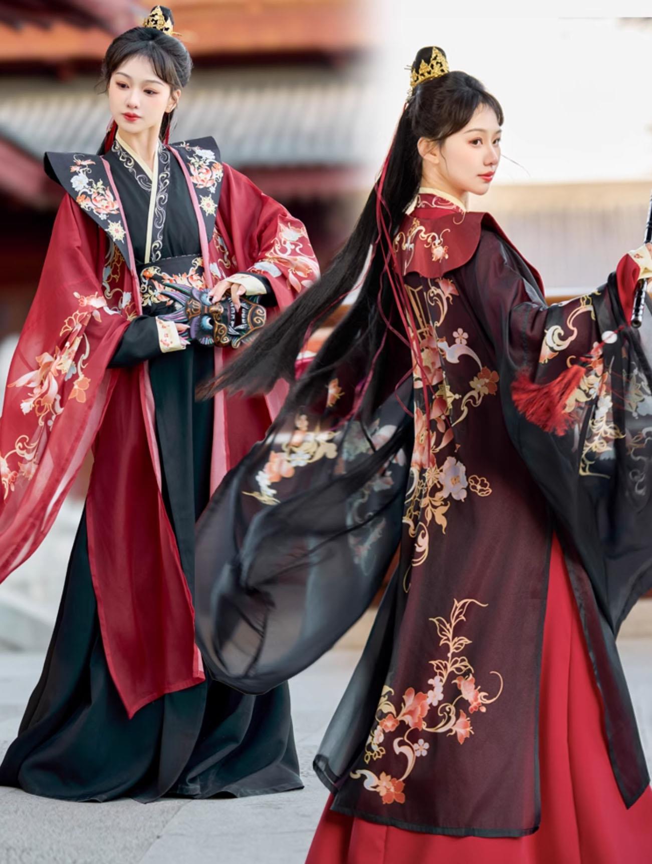 華やか漢服 振り袖羽織付き 3点セット 花プリント 中国古代宮廷衣装 貴妃 皇后 女王 変装 仮装 華流コスプレ 舞台衣装 チャイナ古典風 ステージ 撮影衣装 黒赤系 レディース 華やか 中華服 中国古代時代劇コスチューム 仮装 変装 華流ハロウィン 衣装 黒 赤 緑 白 S～3XL｜モードナチュレ店