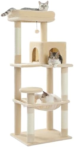 【ポイント2倍】 【クーポン付】 キャットタワー 猫タワー スリム 大型猫 据え置き ハンモック 見晴台 天然麻紐 爪とぎ 運動不足解消 多頭飼い ベージュ 高さ143cm