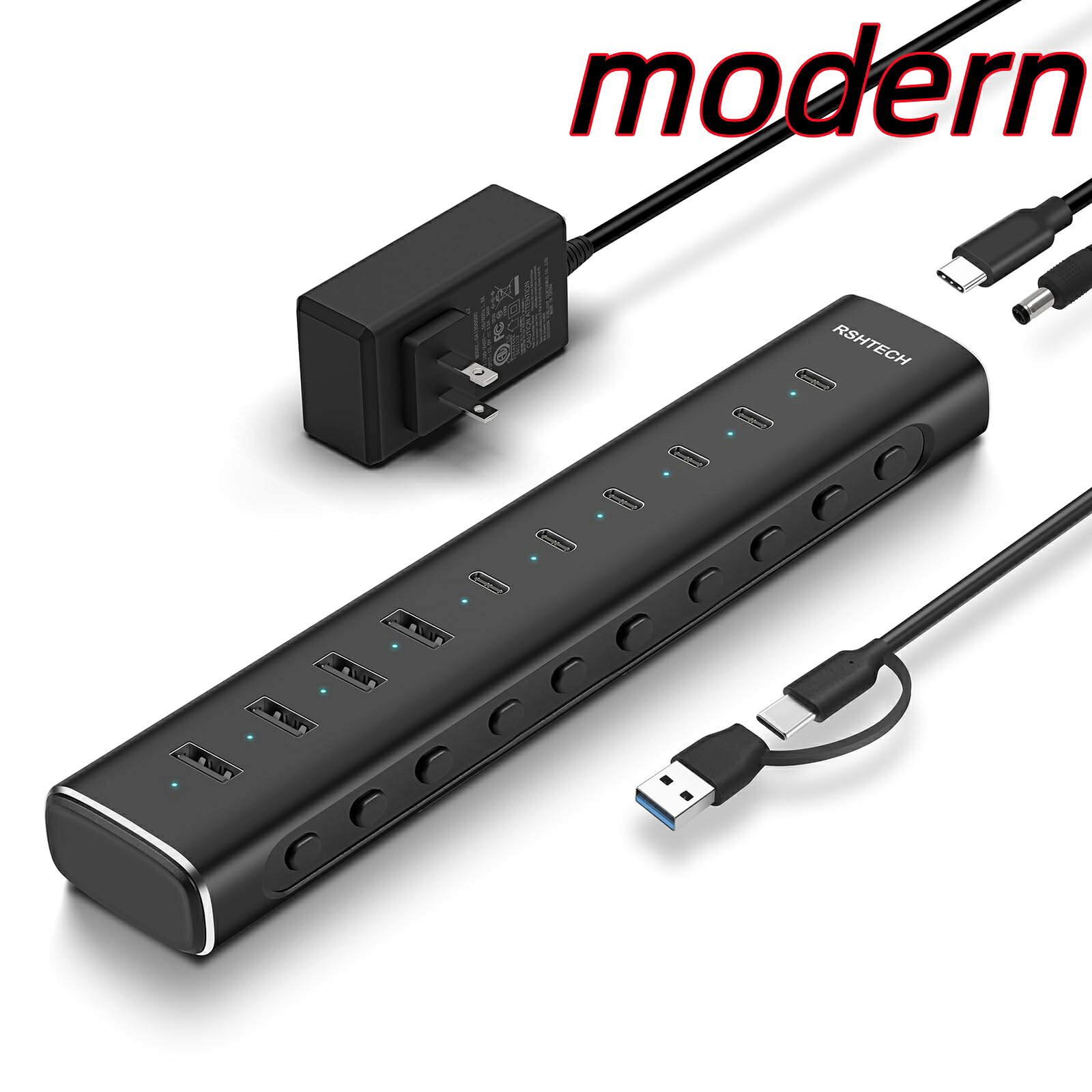 【送料無料】 USBハブ 10ポート 10Gbps高速転送 電源付き USB-Cx6 USB-Ax4（H10C6） | アルミ筐体、独立スイッチ、12V5A給電、セルフパ｜modern
