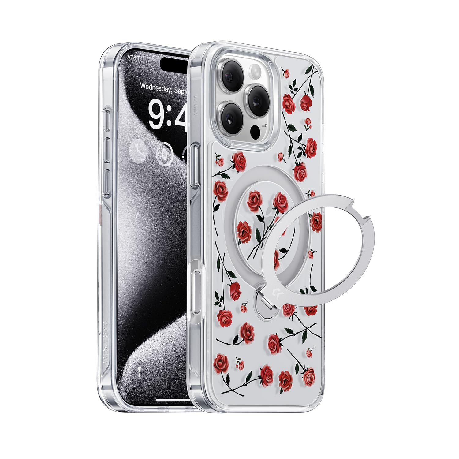 【送料無料】【最新トレンド?360&deg;回転スタンド】CASEKOO iPhone 16 Pro 用ケース クリア バラ 米軍MIL規格 フィット感 MagSafe対応 最｜modern