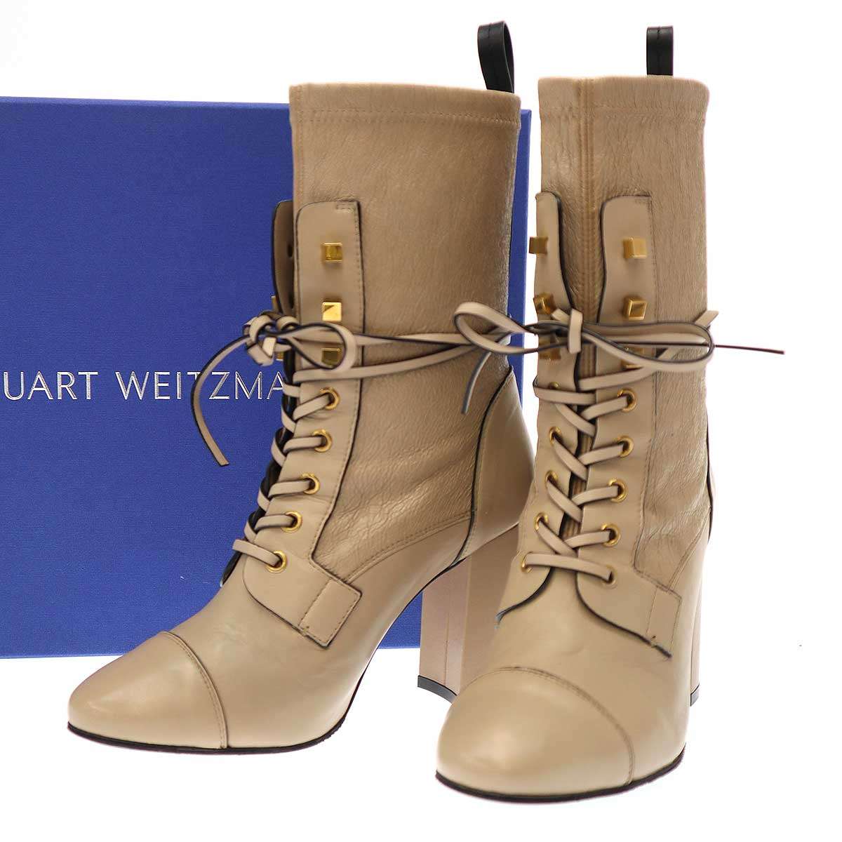 Stuart Weitzman スチュアート ワイツマン Veruka Lace-Up Boots レースアップチャンキーヒールブーツ STONE 38 【中古】 ITLCENLSV6AW｜MODESCAPE 店