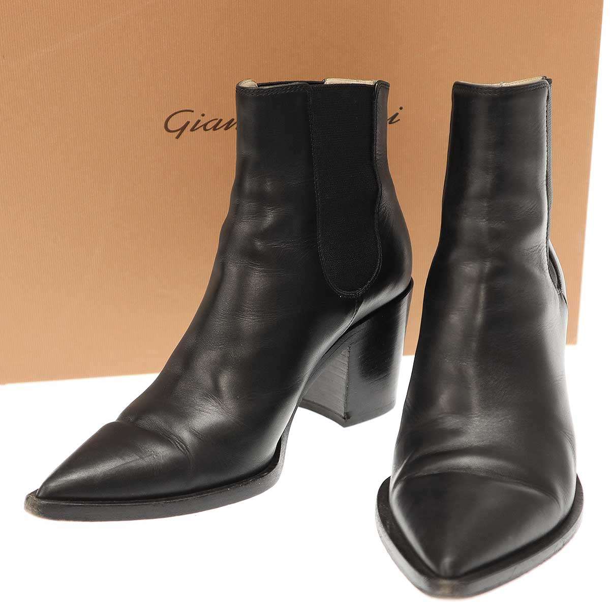 Gianvito Rossi ジャンヴィト ロッシ ROMNEY サイドゴアミドルヒールブーツ ブラック 35 【中古】 IT7AHW3WVKC0|MODESCAPE 店