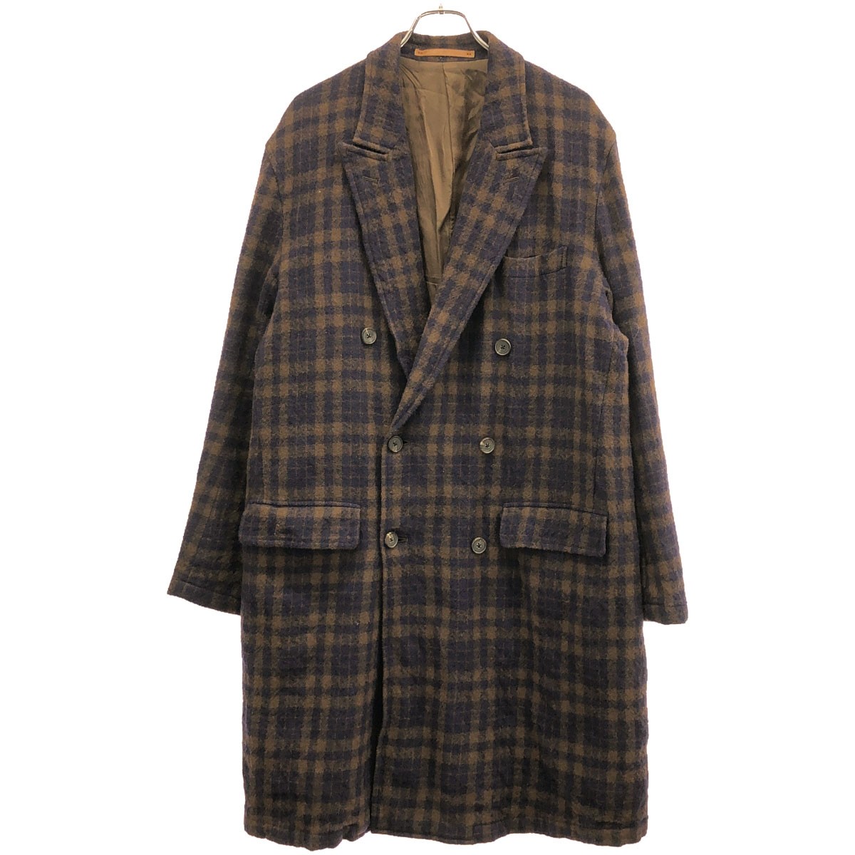 SCYE サイ SAMPLE フリングチェックダブルコート ネイビー×ブラウン 38 【中古】 IT2KC0J98840|MODESCAPE 店