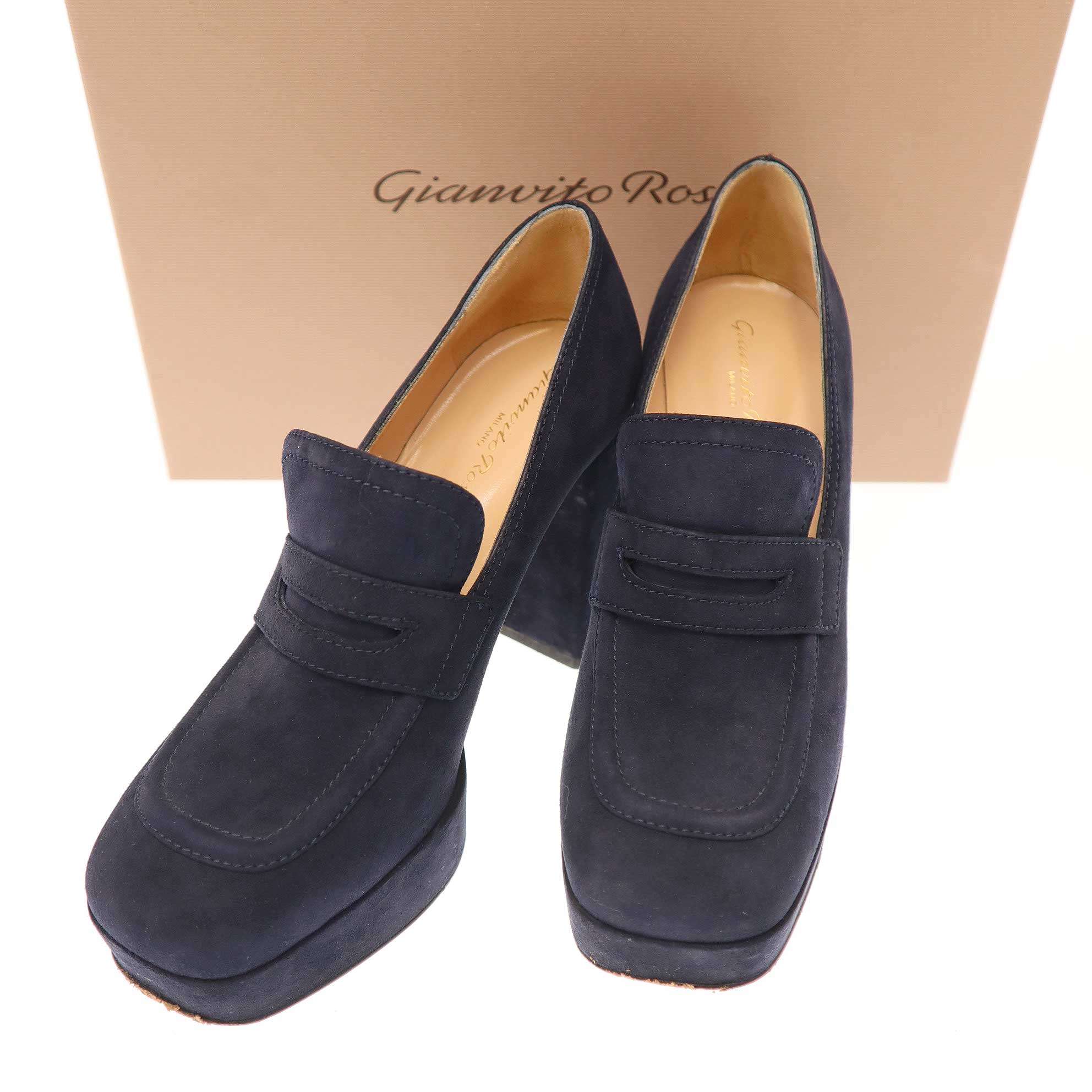 Gianvito Rossi ジャンヴィト ロッシ ROUEN ブロックヒール スエードパンプス G25242 ネイビー 37 【中古】 ITIHL0WJF4BM｜MODESCAPE 店