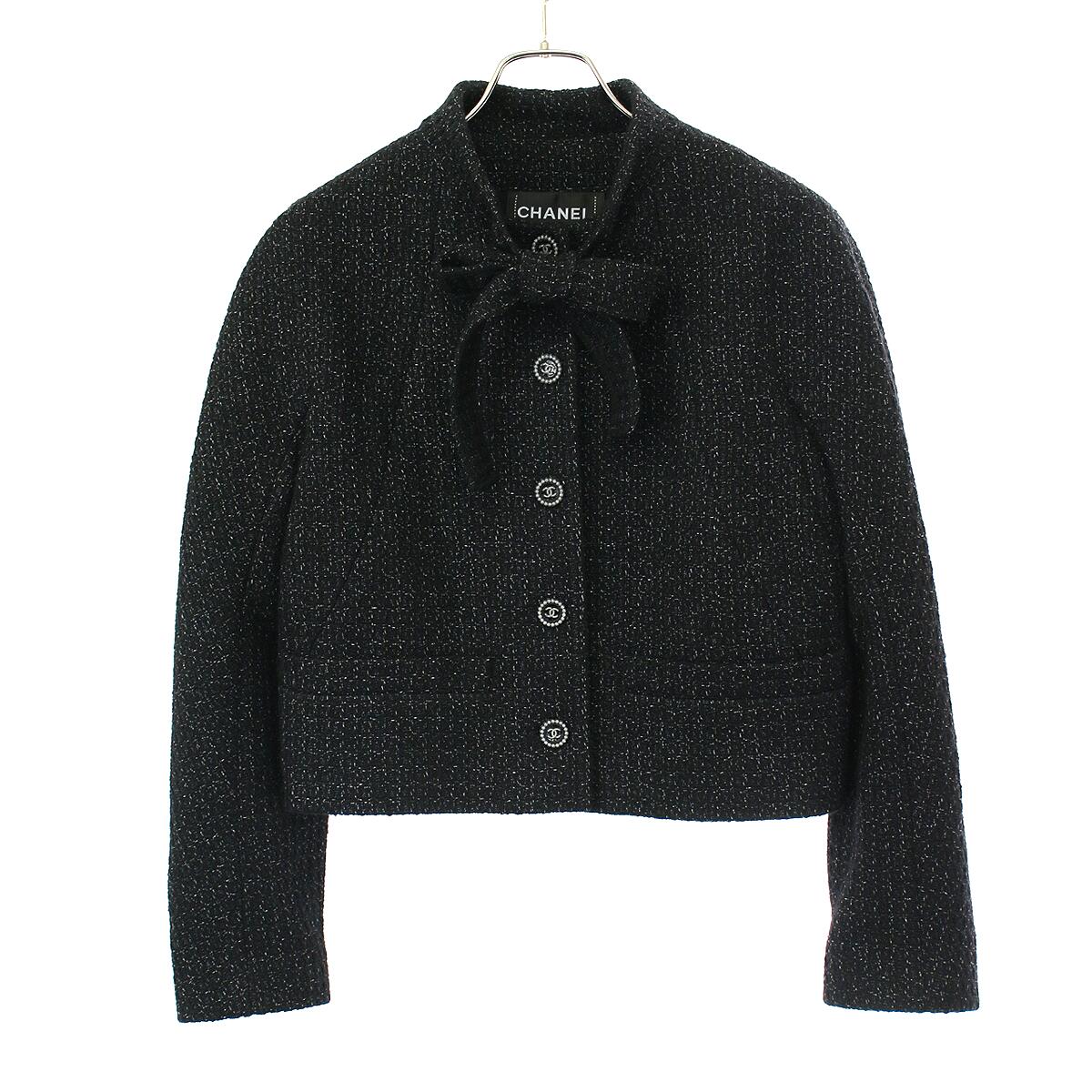 CHANEL シャネル 24AW  ボウタイカラーココマークボタンツイードショートジャケット P78054V69891 黒いこと 40 【中古】 ITE9A5RRYZ0M