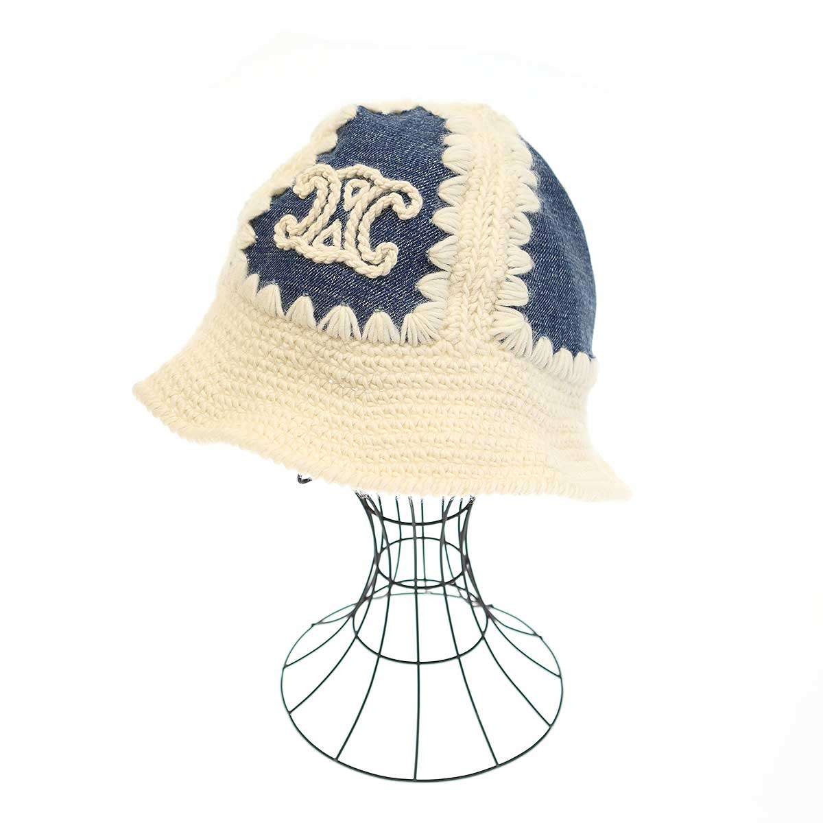 CELINE セリーヌ 24SS Triomphe Bucket Hat Crocheted Wool and Denim トリオンフバケットハット 2AE0Q762X.07BW 白いこと インディゴ M 【中古】 IT5TK4U86J4V
