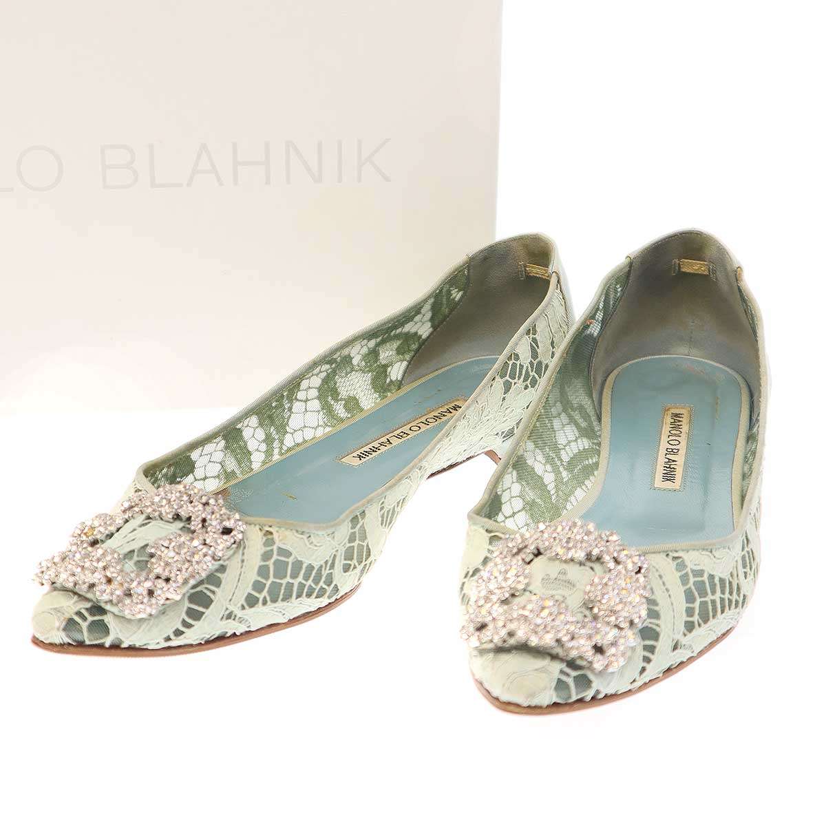 MANOLO BLAHNIK マノロブラニク HANGISI スワロビジューレースフラットパンプス  緑であること 37 【中古】 ITGZMZNWRI2K