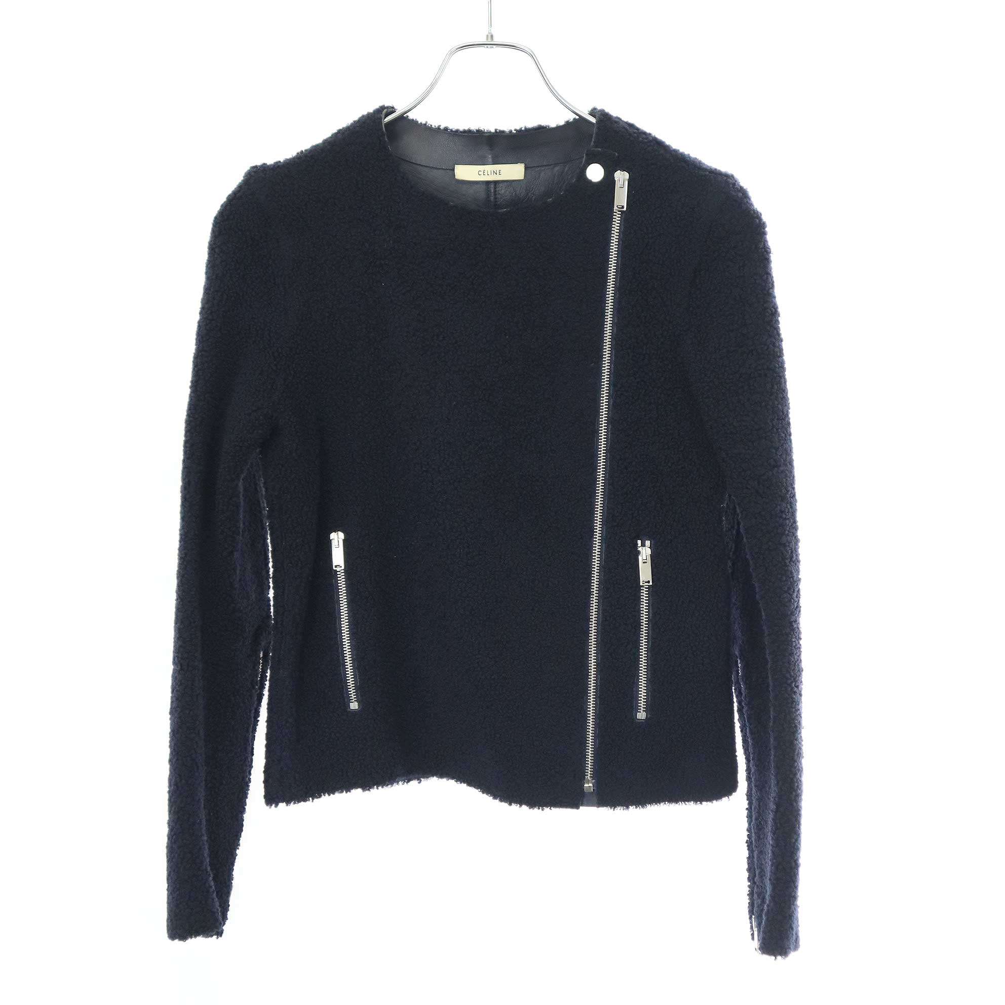 CELINE セリーヌ by Phoebe Philo ムートン レザーライダースジャケット 2 5K10 5164 ネイビー 34 【中古】 IT84R0RG5DPI｜MODESCAPE 店