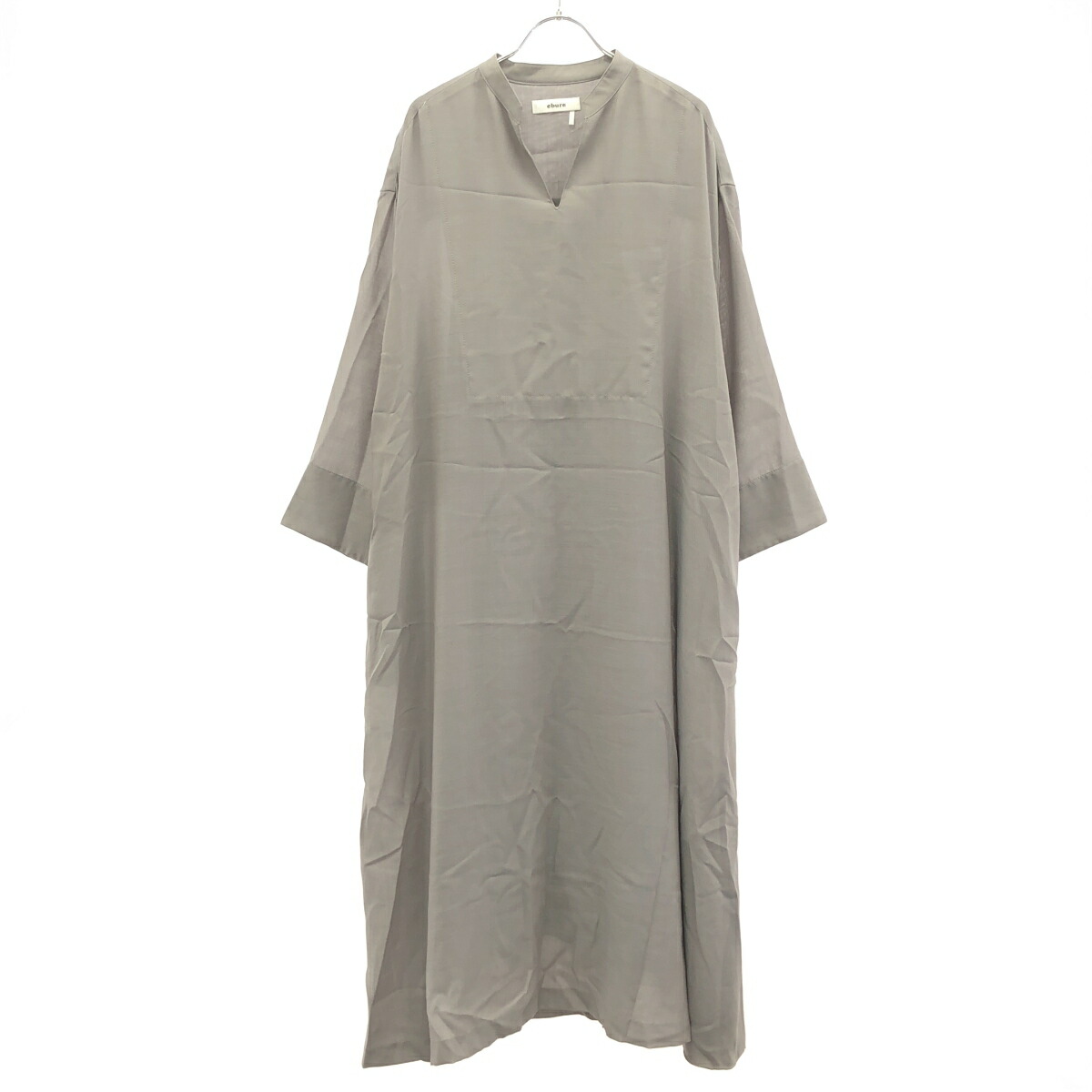 ebure エブール Vネックロングワンピース　シルク　コットン　フレア　七分袖 エブールebure Vネックロングワンピース シルク コットン フレア 七分袖