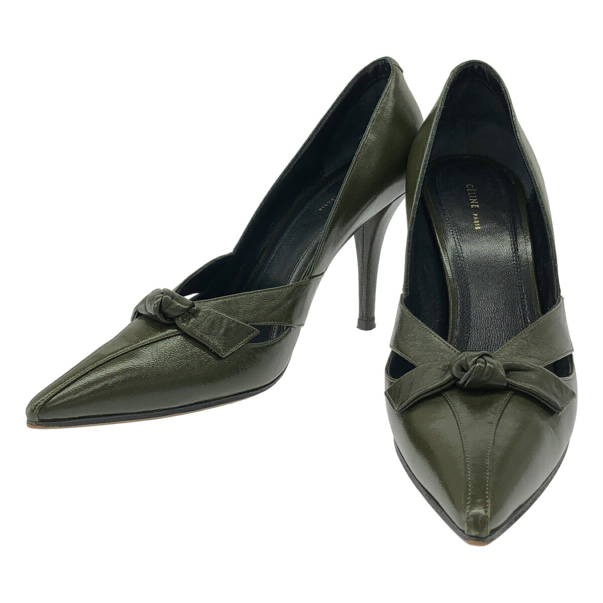 CELINE by Phoebe Philo セリーヌ フィービーファイロ レザーリボンヒールパンプス  グリーン 37 【中古】 IT8NQTMXZUQI