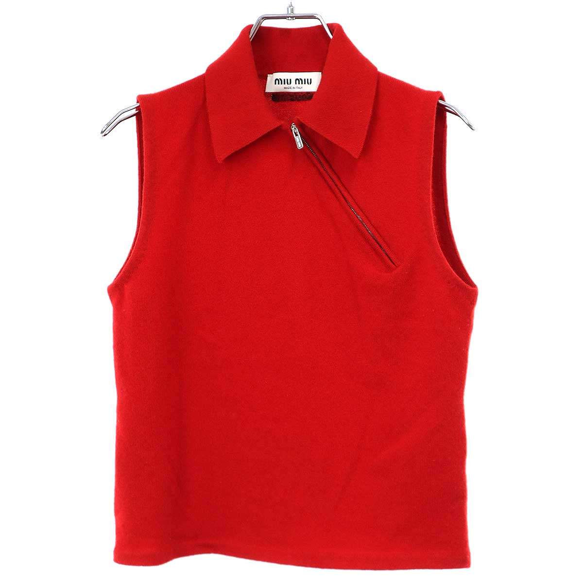 miu miu ミュウミュウ 25AW ノースリーブ カシミール ジップポロシャツ MML00D 18A9 赤いこと 38 【中古】 ITZVVIJMP9RS