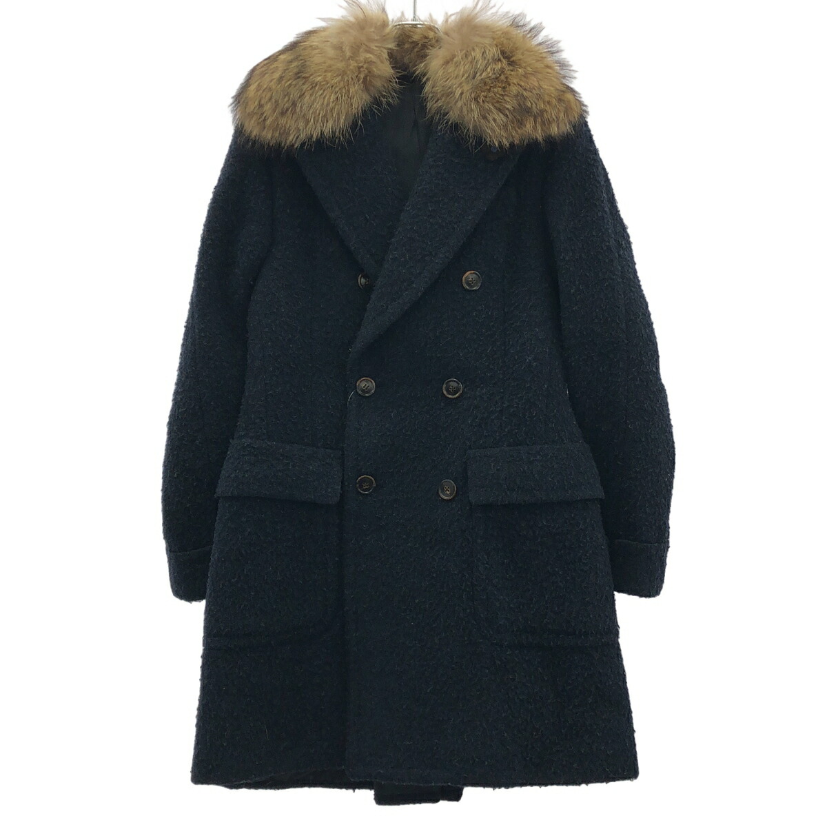 LARDINI ラルディーニ ファーカラーネップツイードダブルコート JD23144 ネイビー 44 【中古】 IT4U4LSMQEOO|MODESCAPE 店
