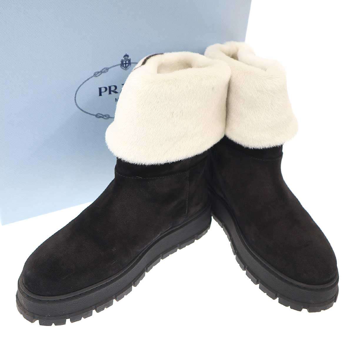 PRADA プラダ ムートンレザートライアングルロゴハラコブーツ 8830 9533 黒いこと 39 【中古】 ITUJMWR40TW6