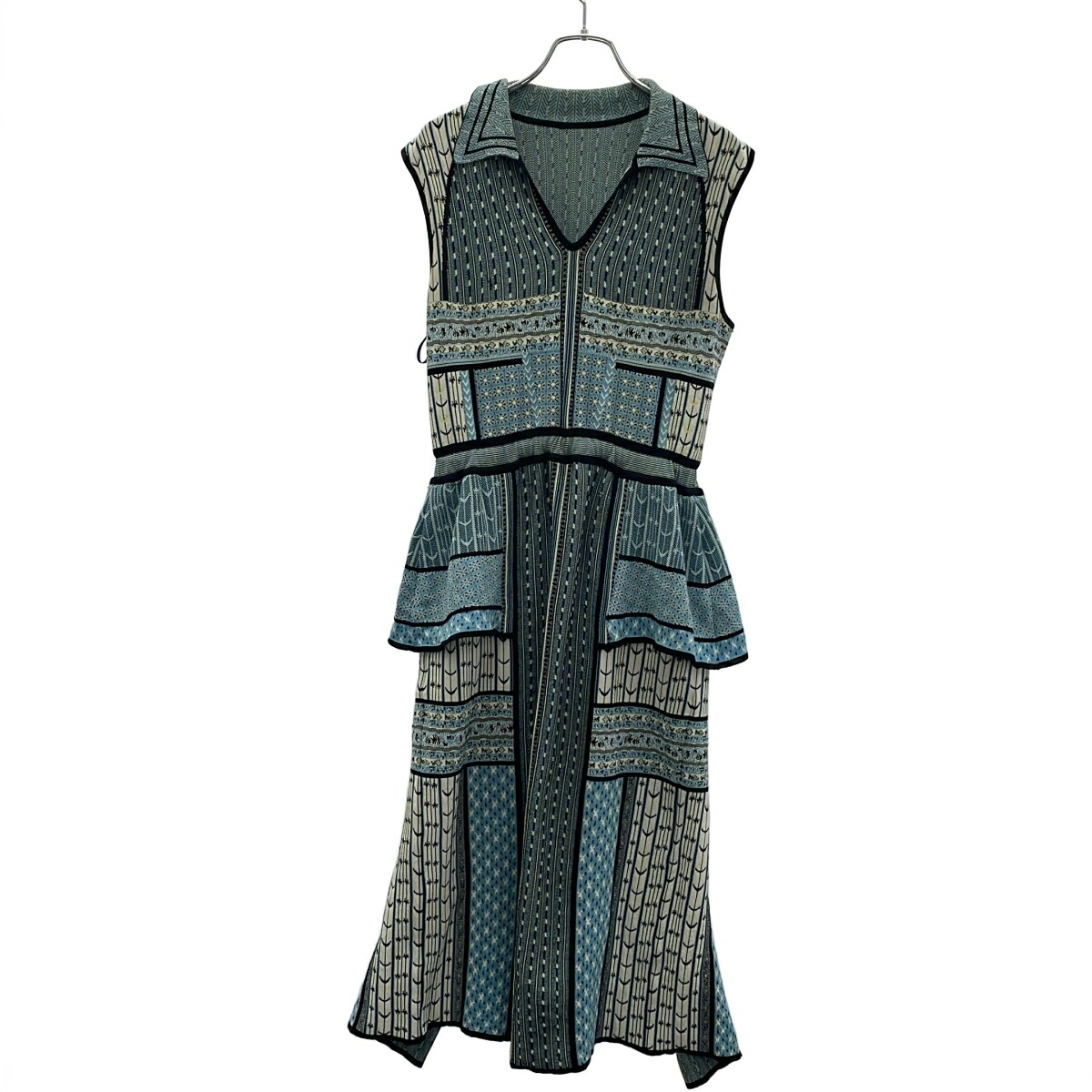 mame kurogouchi マメ科植物 クロゴウチ 25SS Geometric Pattern Knitted Dress ジオメトリックニットドレスワンピース MM25SS-KN085 青色 1 【中古】 IT40C060KR8C レディースファッション-ワンピース