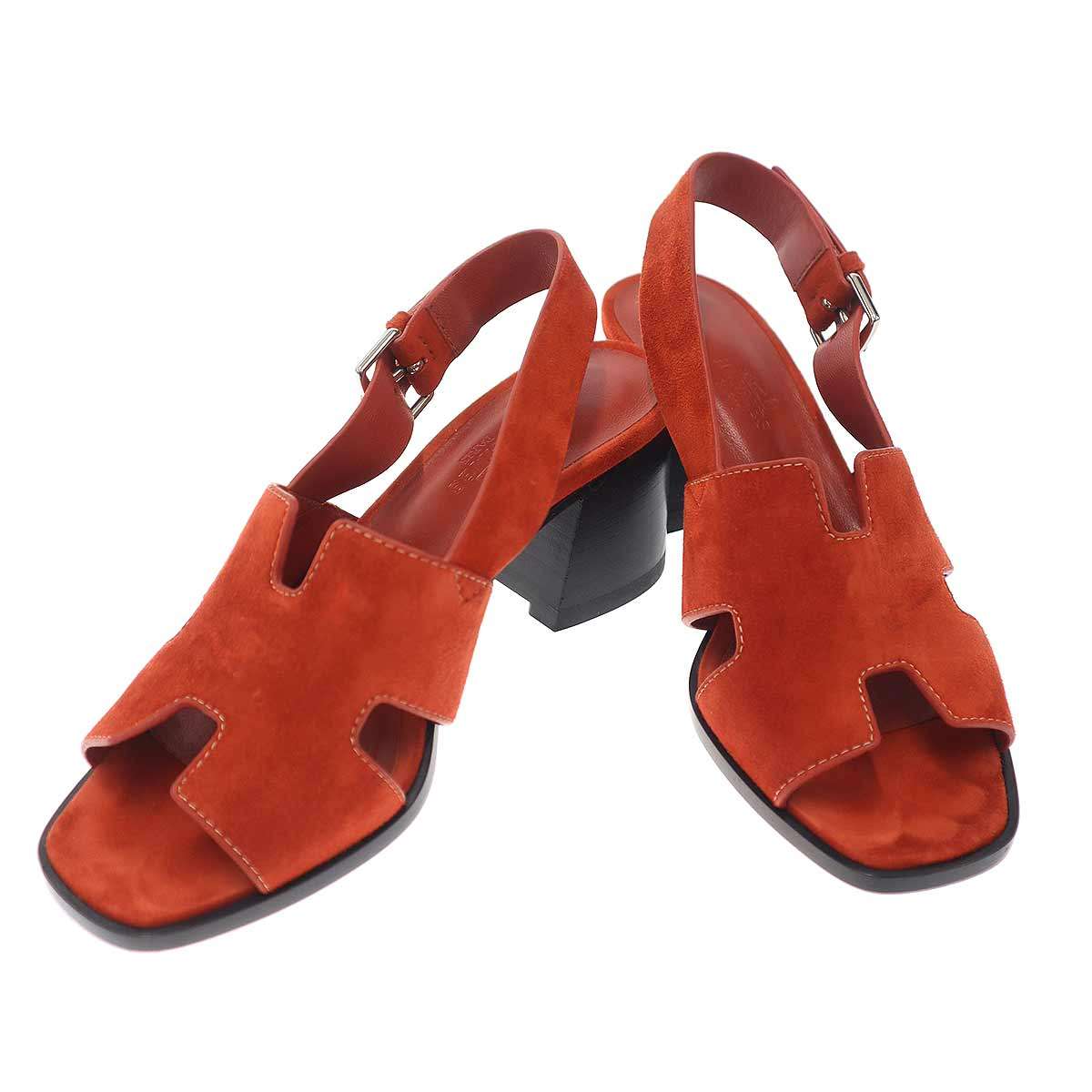 HERMES エルメス エルベ60 スウェードレザーヒールサンダル HG231117Z オレンジ系 35 1/2 【中古】 ITODBWJ7H1KM