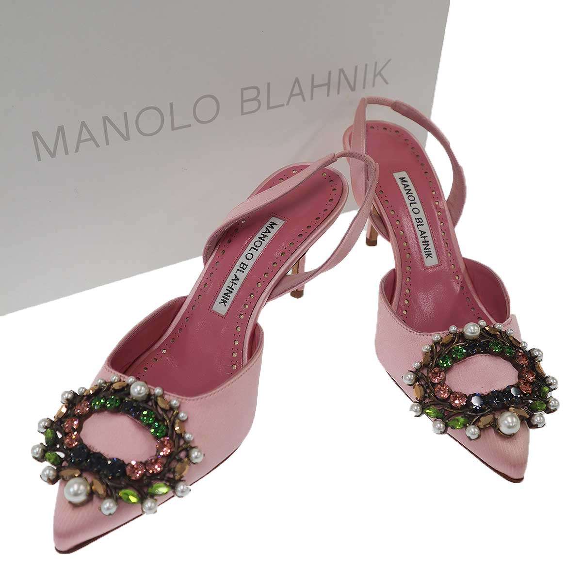MANOLO BLAHNIK マノロブラニク Slita 70 スリングバック ビジューサンダル  サクラ色 34 1/2 【中古】 ITNN6JOUU61A