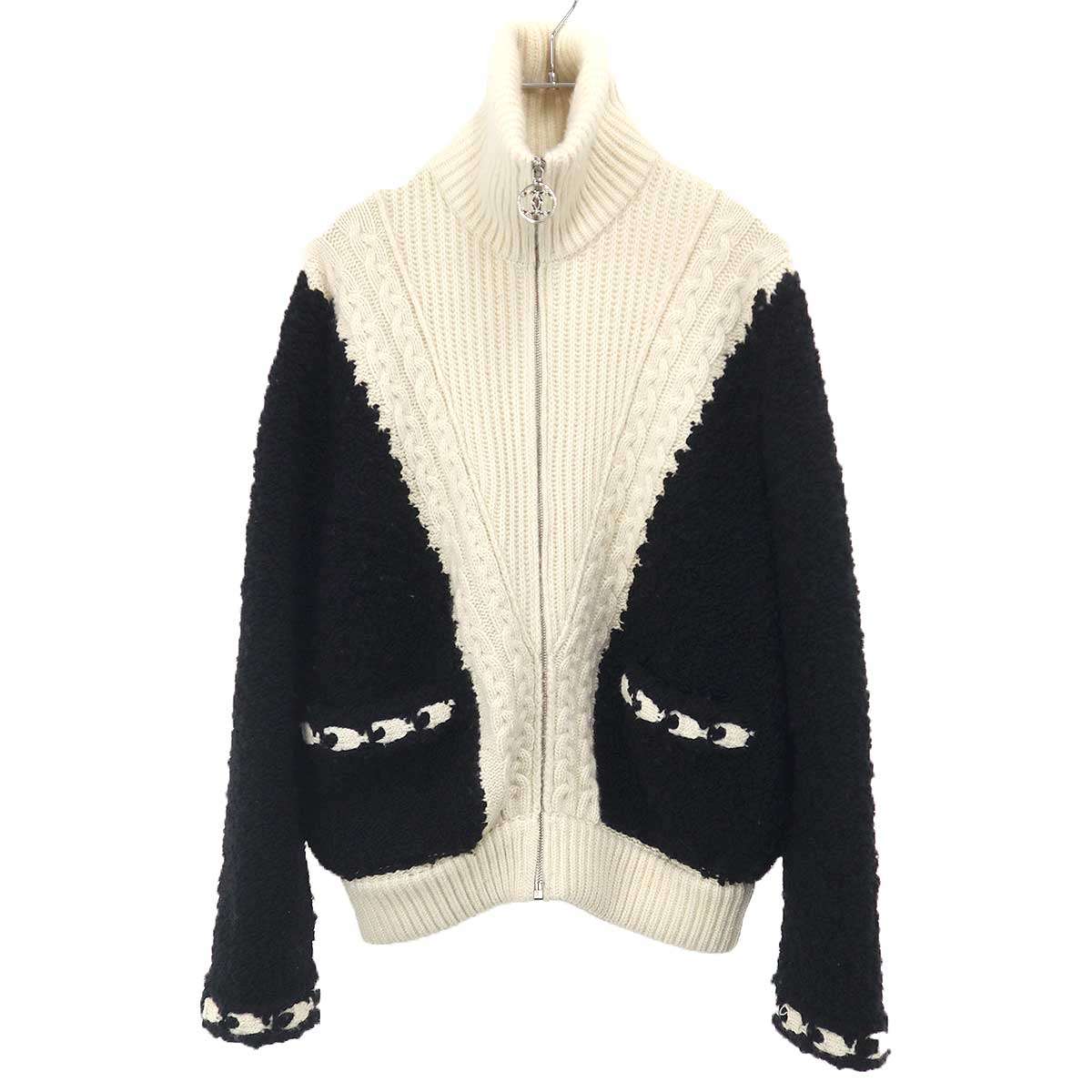 CHANEL シャネル 羊毛カシミール ジップアップニットジャケット P62198K47615 黒いこと 白いこと 36 【中古】 IT09T058XGEQ