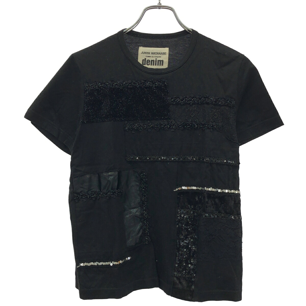 JUNYA WATANABE COMME des GARCONS DENIM ジュンヤワタナベコムデギャルソンデニム 14AW スパンコールパッチワークティーシャツ XN-T004 黒いこと M 【中古】 ITA4TTARV6QS