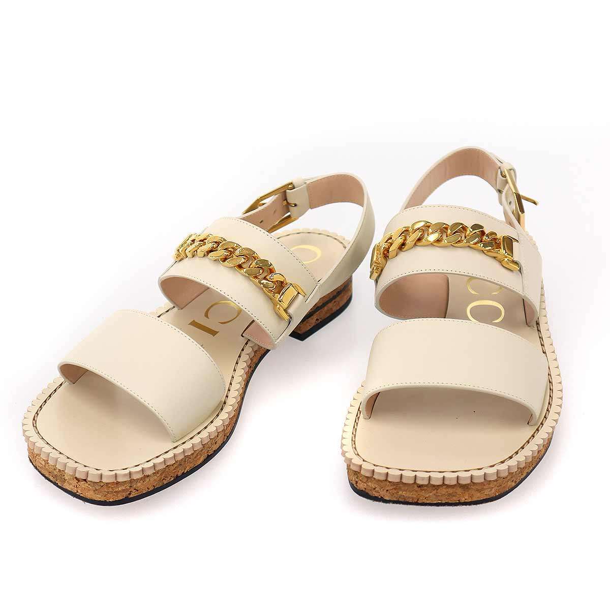 GUCCI グッチ チェーンストラップレザーサンダル 655557 グレー ベージュ 37 【中古】 ITT1MPD2GTJ0｜MODESCAPE 店