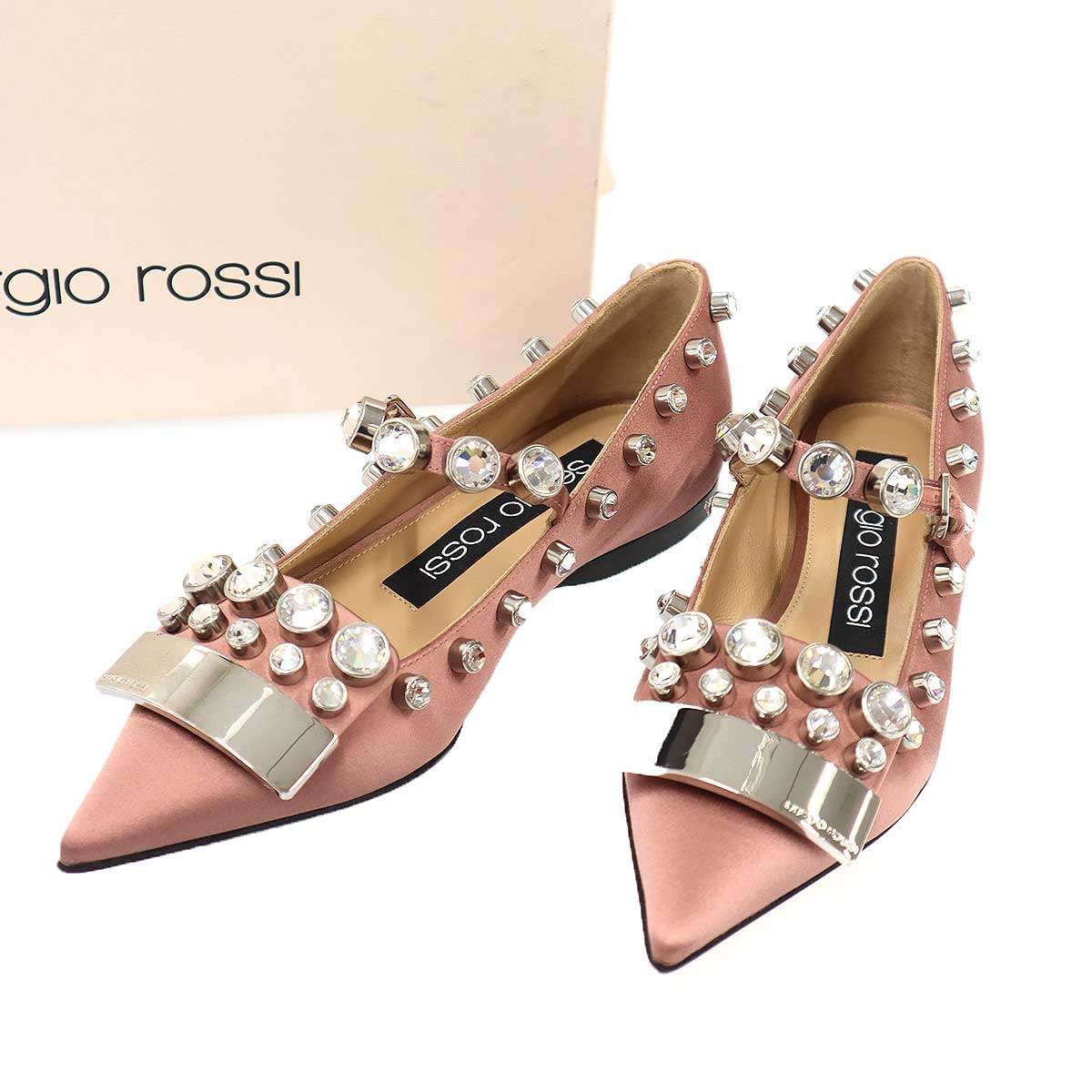 sergio rossi セルジオ ロッシ sr1 クリスタルビジューサテンフラットシューズ  サクラ色 34 【中古】 IT1548ABV7WO