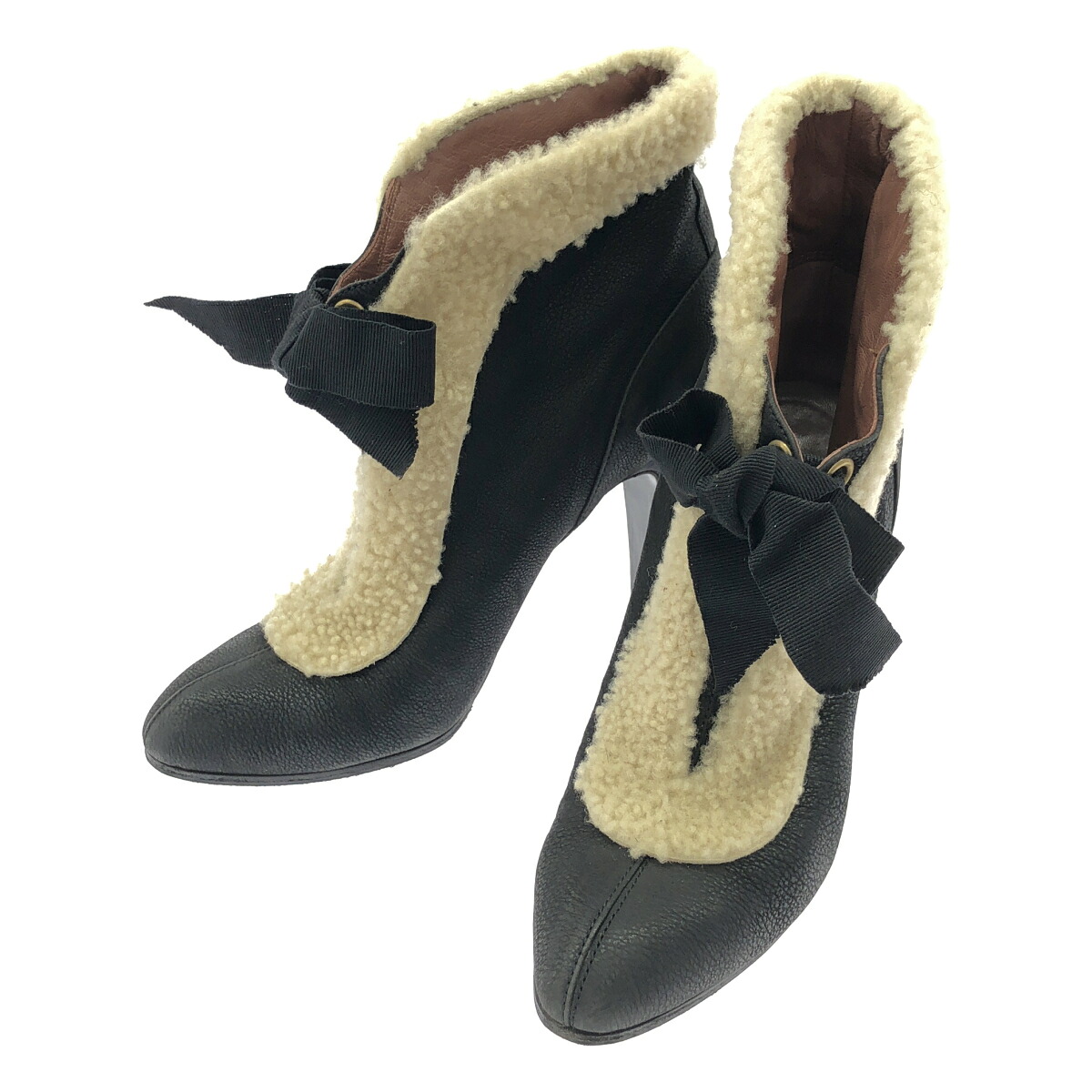 VIKTOR&ROLF ヴィクターアンドロルフ ボアムートンコンビレザーヒールブーティ ブラック 36 【中古】 IT4NOZ6VF6VQ｜MODESCAPE 店