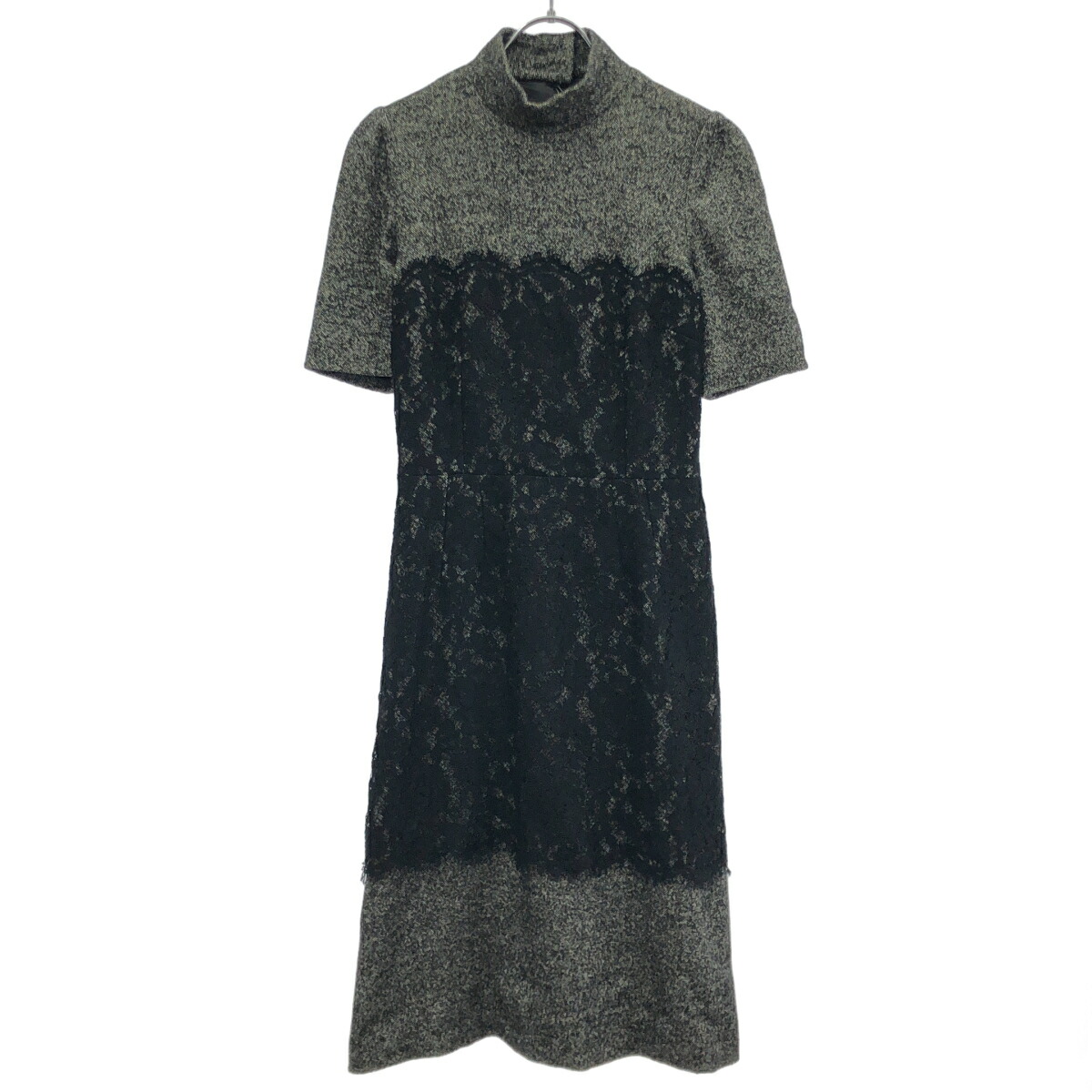 DOLCE\u0026GABBANA ドルチェ＆ガッバーナ レースレイヤードウールツイードハイネックワンピース F6SX0T 薄墨色 40 【中古】 ITGQN6PCDBEO